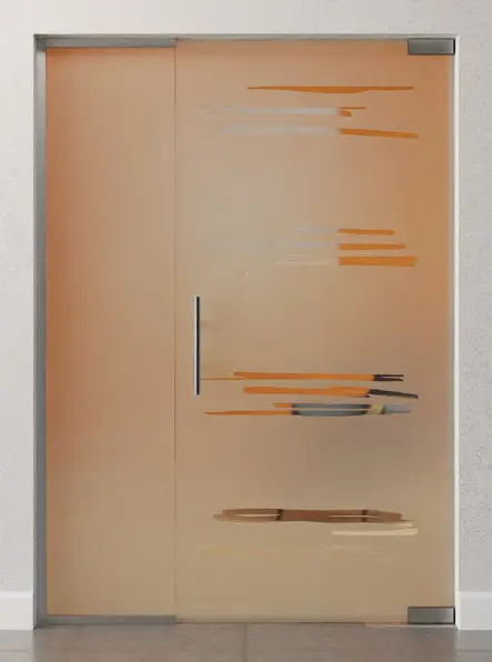 Zdjęcie przezroczystych szklanych drzwi wahadłowych z motywem Bukarest i stałym elementem bocznym DORMA Mundus BTS wariant 2 - Erkelenz