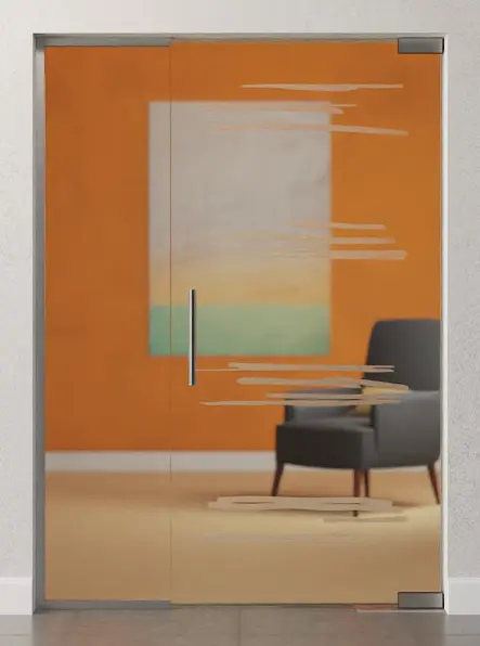 Zdjęcie szklanych drzwi wahadłowych z motywem Bukareszt, matowych, ze stałym elementem bocznym DORMA Mundus BTS wariant 2 - Erkelenz.