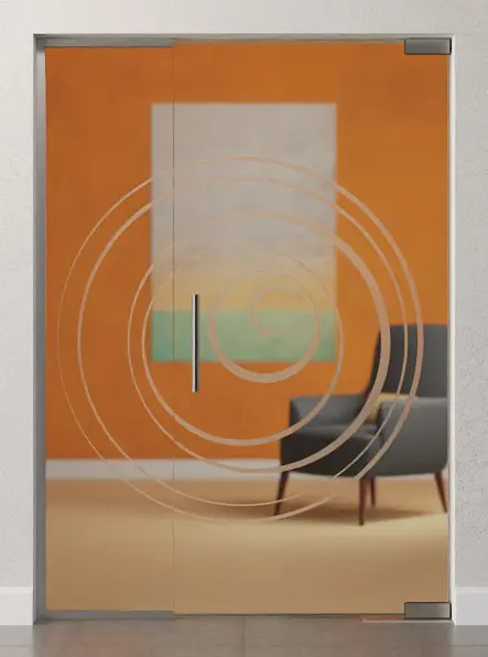 Zdjęcie szklanych drzwi wahadłowych Lira motyw matowy z elementem bocznym DORMA Mundus BTS wariant 2 - Erkelenz