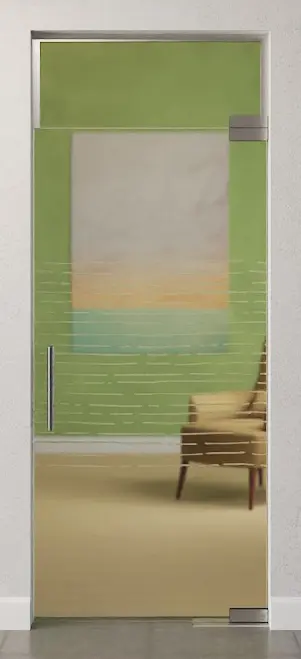 Zdjęcie matowych szklanych drzwi wahadłowych z motywem Morse i naświetlem DORMA Mundus BTS wariant 7 - Erkelenz