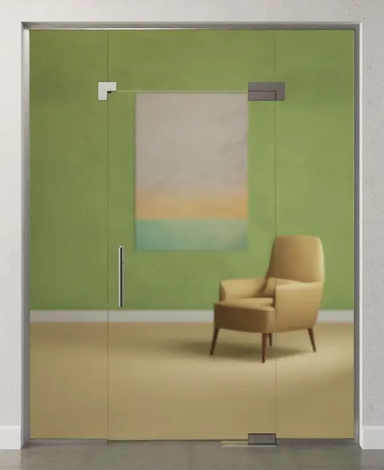 Zdjęcie szklanych drzwi wahadłowych ze szkła float przezroczystego z dwoma stałymi elementami bocznymi i nadświetlem DORMA Mundus BTS wariant 9 - Erkelenz