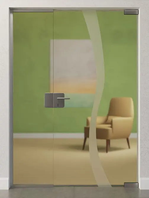 Zdjęcie drzwi całoszklanych z motywem Bergamo matowy ze stałym elementem bocznym DORMA Mundus wariant 1 - Erkelenz