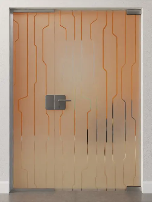 Zdjęcie przezroczystych drzwi całoszklanych z motywem Curves i stałym elementem bocznym DORMA Mundus Wariant 1 - Erkelenz