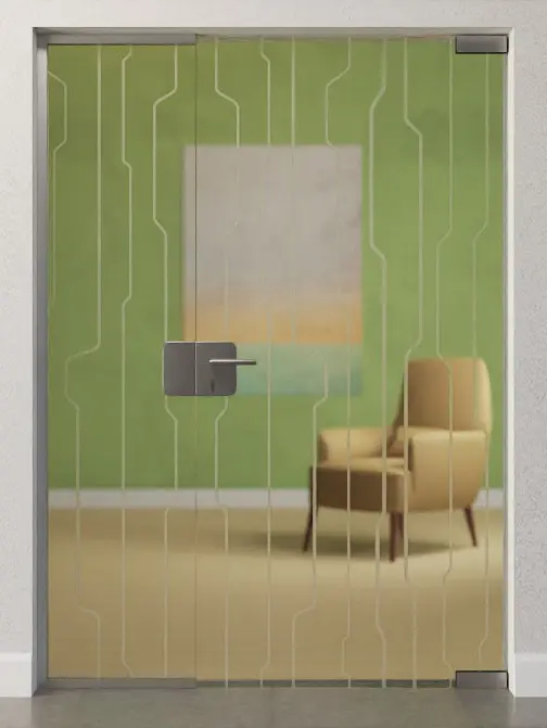 Zdjęcie drzwi całoszklanych z motywem Curves matowy ze stałym elementem bocznym DORMA Mundus wariant 1 - Erkelenz