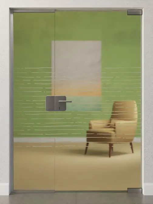 Zdjęcie drzwi całoszklanych z motywem Morse, matowych, ze stałym elementem bocznym DORMA Mundus Wariant 1 - Erkelenz