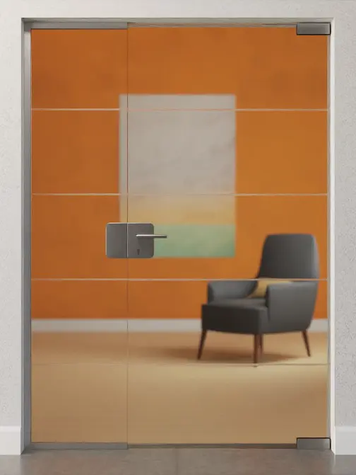 Zdjęcie drzwi całoszklanych Prime z matowym motywem i stałym elementem bocznym DORMA Mundus wariant 1 - Erkelenz