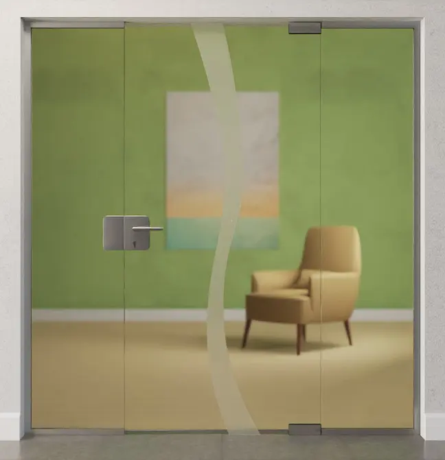 Zdjęcie drzwi całoszklanych Bergamo z motywem matowym i dwoma stałymi elementami bocznymi DORMA Mundus wariant 2 - Erkelenz.