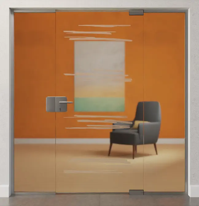 Zdjęcie drzwi całoszklanych matowych z motywem Bukarest z dwoma stałymi elementami bocznymi DORMA Mundus wariant 2 - Erkelenz