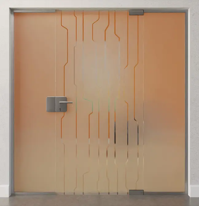 Zdjęcie drzwi całoszklanych z motywem Curves, przezroczyste, z dwoma stałymi elementami bocznymi DORMA Mundus wariant 2 - Erkelenz