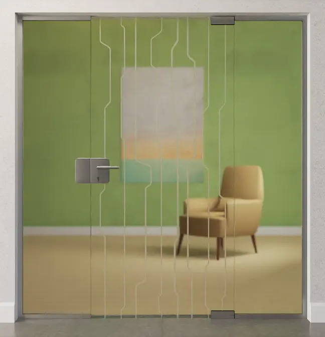 Zdjęcie matowych drzwi całoszklanych z motywem Curves i dwoma stałymi elementami bocznymi DORMA Mundus wariant 2 - Erkelenz