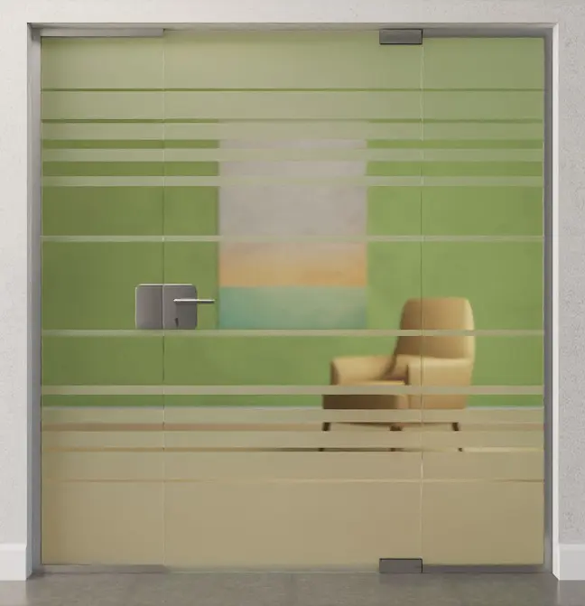 Zdjęcie drzwi całoszklanych Selina, motyw przezroczysty, z dwoma stałymi elementami bocznymi DORMA Mundus wariant 2 - Erkelenz