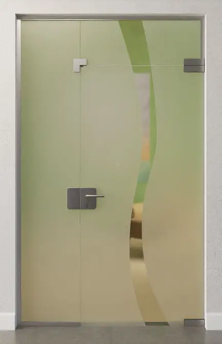 Zdjęcie drzwi całoszklanych Bergamo z motywem przezroczystym, stałym elementem bocznym i naświetlem DORMA Mundus Wariant 6 - Erkelenz