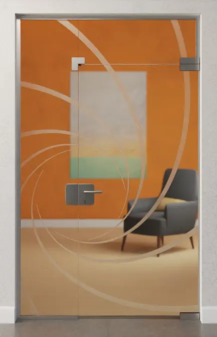 Zdjęcie drzwi całoszklanych z motywem Cristall matowym, stałym elementem bocznym i naświetlem DORMA Mundus wariant 6 - Erkelenz