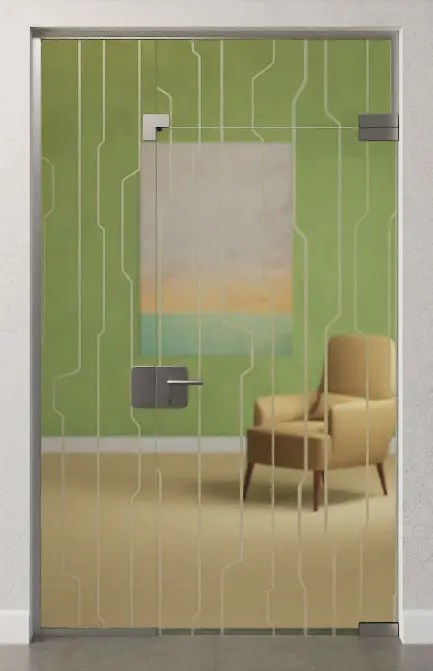 Zdjęcie matowych drzwi całoszklanych z motywem Curves, stałym elementem bocznym i naświetlem DORMA Mundus wariant 6 - Erkelenz.