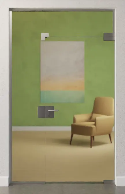 Zdjęcie drzwi całoszklanych ze szkła float przezroczystego ze stałym elementem bocznym i naświetlem DORMA Mundus wariant 6 - Erkelenz