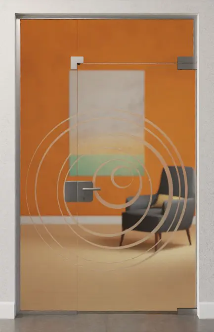 Zdjęcie drzwi całoszklanych z motywem Lira, matowe, ze stałym elementem bocznym i naświetlem DORMA Mundus wariant 6 - Erkelenz