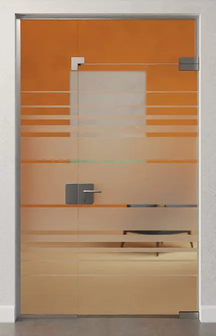 Zdjęcie całoszklanych drzwi z motywem Selina matowy, ze stałym elementem bocznym i naświetlem DORMA Mundus wariant 6 - Erkelenz