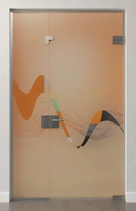 Zdjęcie drzwi całoszklanych z przezroczystym motywem Sinus 2, stałym elementem bocznym i naświetlem DORMA Mundus wariant 6 - Erkelenz