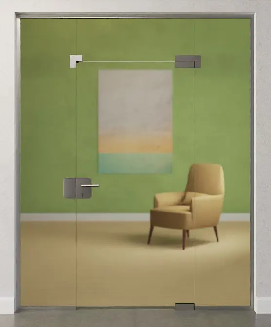 Zdjęcie drzwi całoszklanych ze szkła float przezroczystego z dwoma stałymi elementami bocznymi i naświetlem DORMA Mundus wariant 7 - Erkelenz