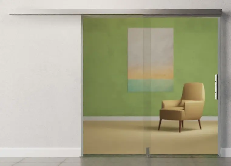 Widok frontowy 2-skrzydłowych szklanych drzwi przesuwnych ze szkła float przezroczystego DORMA MUTO Teleskop wariant 1 - Erkelenz