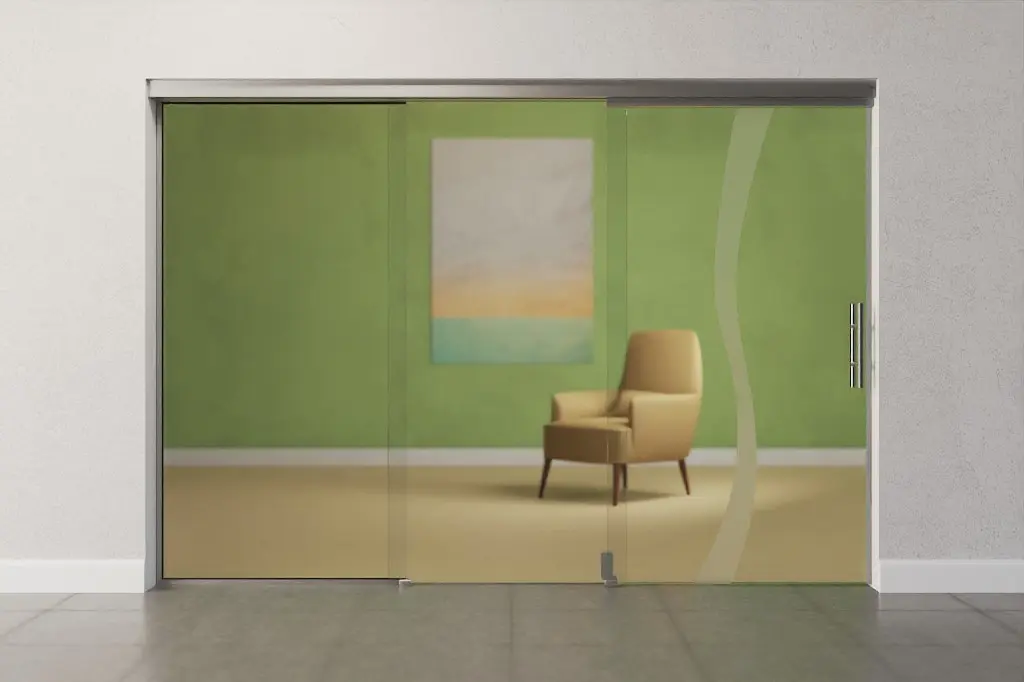 Widok frontowy 2-skrzydłowe drzwi przesuwne szklane Bergamo motyw matowy, przesuwane przed sobą na element boczny, DORMA MUTO Teleskop wariant 2 - Erkelenz