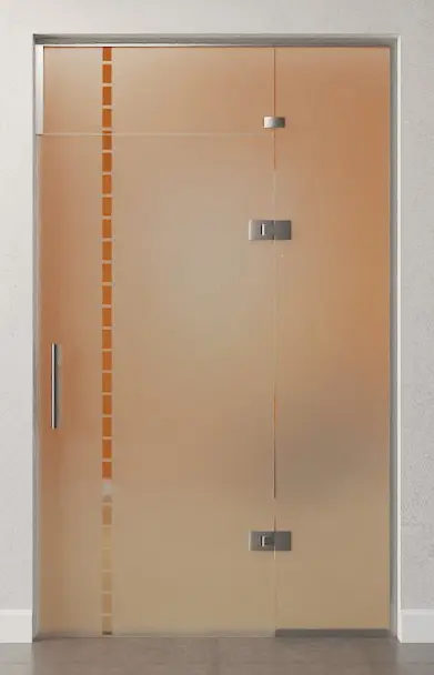 Zdjęcie szklanych drzwi wahadłowych z motywem Algo, przezroczyste, ze stałym elementem bocznym i nadświetlem, DORMA Tensor, wariant szkło do szkła 4 - Erkelenz.