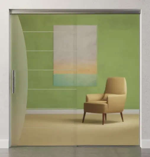 Zdjęcie matowych drzwi przesuwnych szklanych z motywem Amara ze stałym elementem bocznym Sigma Flexible Wariant 1 - Erkelenz