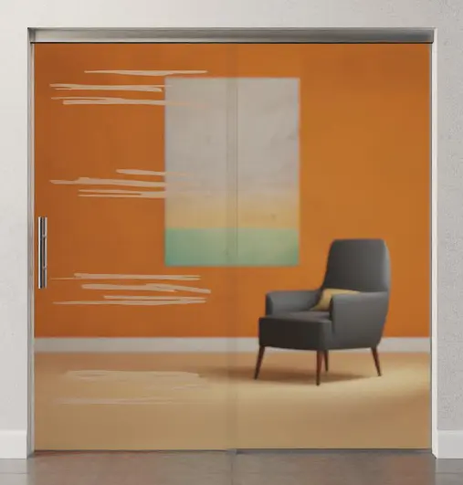 Zdjęcie matowych szklanych drzwi przesuwnych z motywem Bukarest i stałym elementem bocznym Sigma Flexible Wariant 1 - Erkelenz.