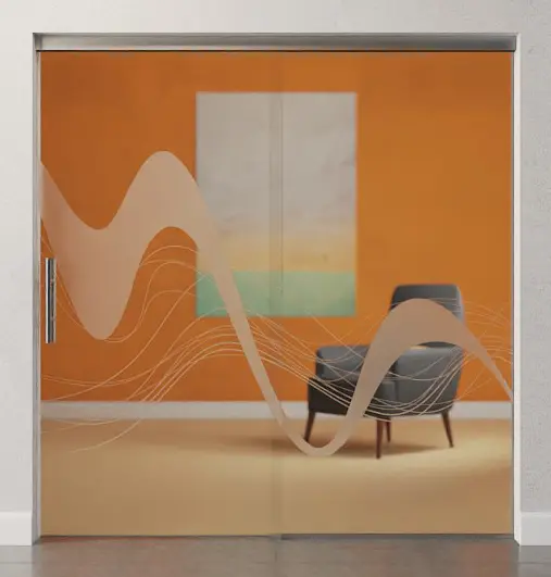 Zdjęcie drzwi przesuwnych szklanych z motywem Sinus 2 matowy ze stałym elementem bocznym Sigma Flexible wariant 1 - Erkelenz