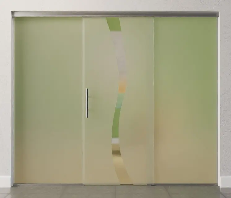 Zdjęcie drzwi przesuwnych szklanych Bergamo z przezroczystym motywem i dwoma stałymi elementami bocznymi Sigma Flexible wariant 2 - Erkelenz