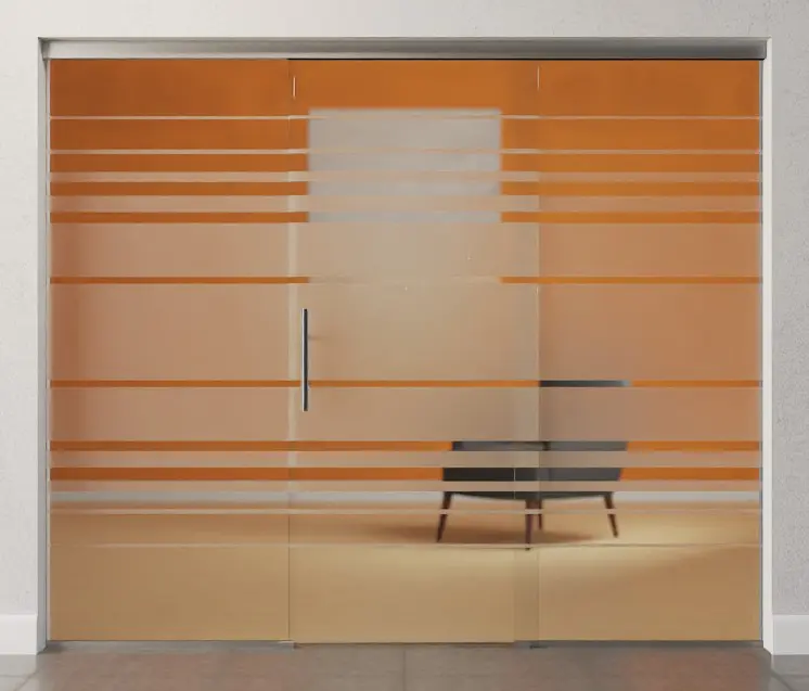 Zdjęcie drzwi przesuwnych szklanych z motywem Selina matowy z dwoma stałymi elementami bocznymi Sigma Flexible wariant 2 - Erkelenz.