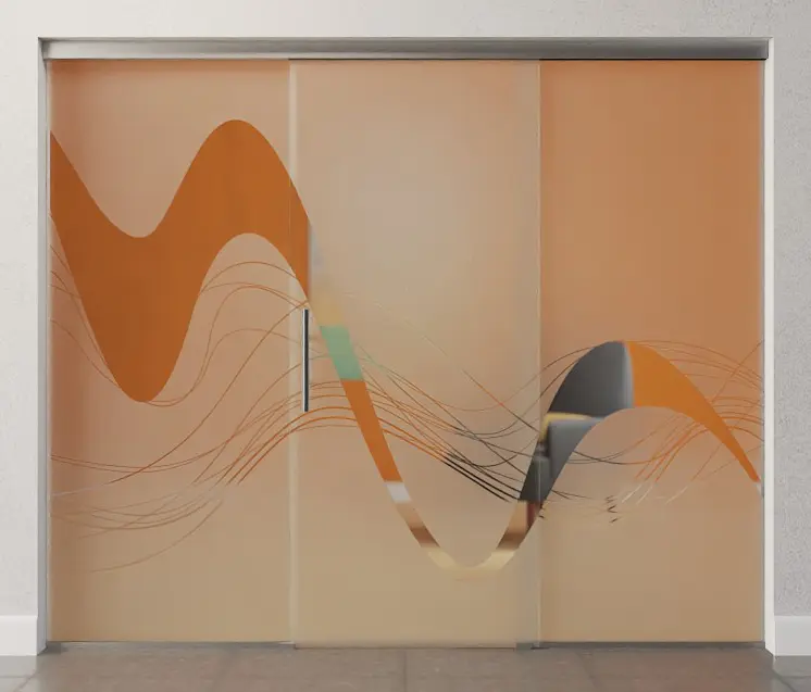 Zdjęcie przezroczystych szklanych drzwi przesuwnych z motywem Sinus 2 i dwoma stałymi elementami bocznymi Sigma Flexible Variante 2 - Erkelenz