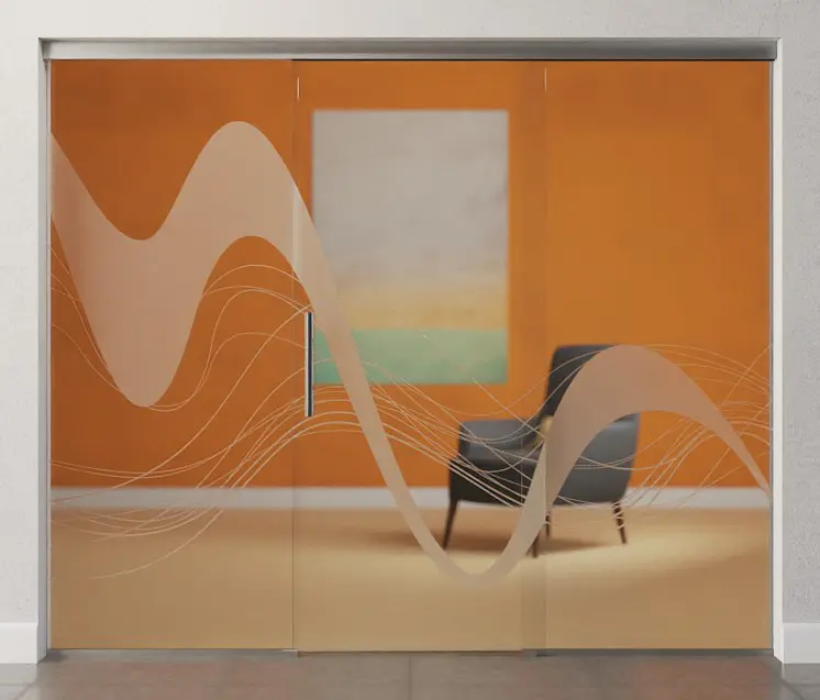 Zdjęcie drzwi przesuwnych szklanych z motywem matowym Sinus 2 z dwoma stałymi elementami bocznymi Sigma Flexible wariant 2 - Erkelenz