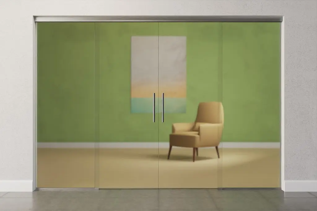 Widok frontowy 2-skrzydłowych szklanych drzwi przesuwnych ze szkła float przezroczystego z dwoma stałymi elementami bocznymi Sigma Flexible wariant 3 - Erkelenz