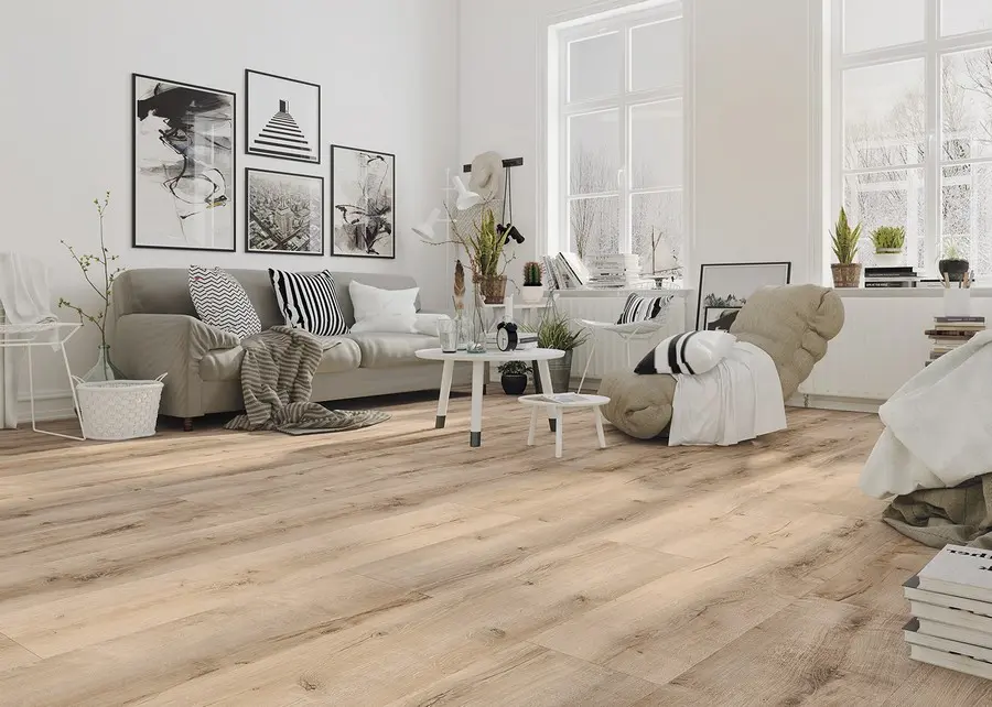 Zdjęcie aranżacyjne jadalni: dąb beżowy strukturyzowana 1-lamelowy Explore panele laminowane - Wiparquet