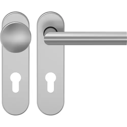 Widok zestawu okuć ochronnych D310 gałka-klamka aluminium F1 z krótką tarczą - ECO