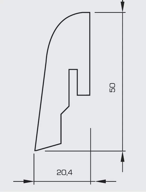 Widok przekroju listwy przypodłogowej srebro fornir korkowy (2400 x 50 x 20 mm) - Wicanders
