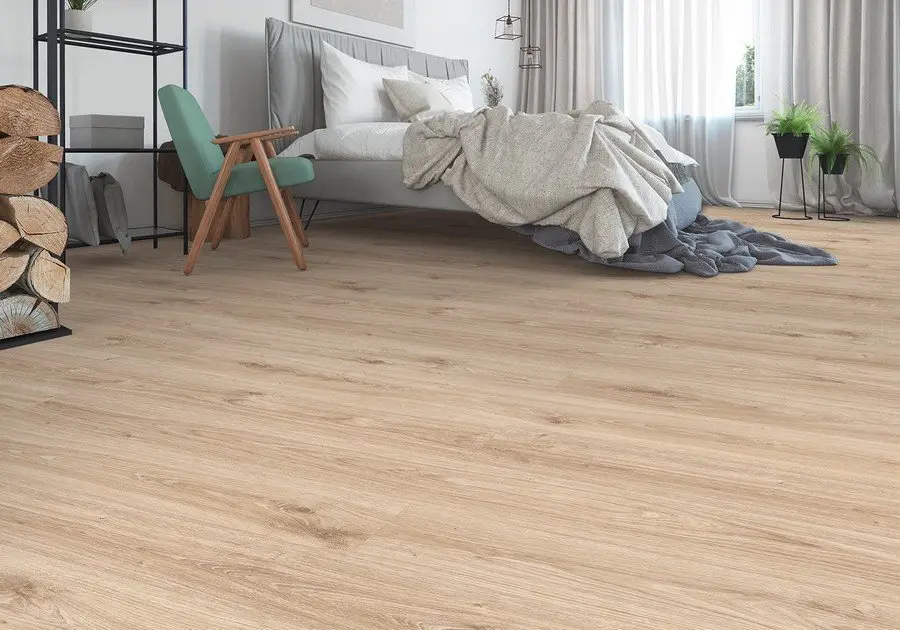 Aranżacja sypialni – dąb beżowy strukturyzowana 1-lamelowy Life panele laminowane - Wiparquet