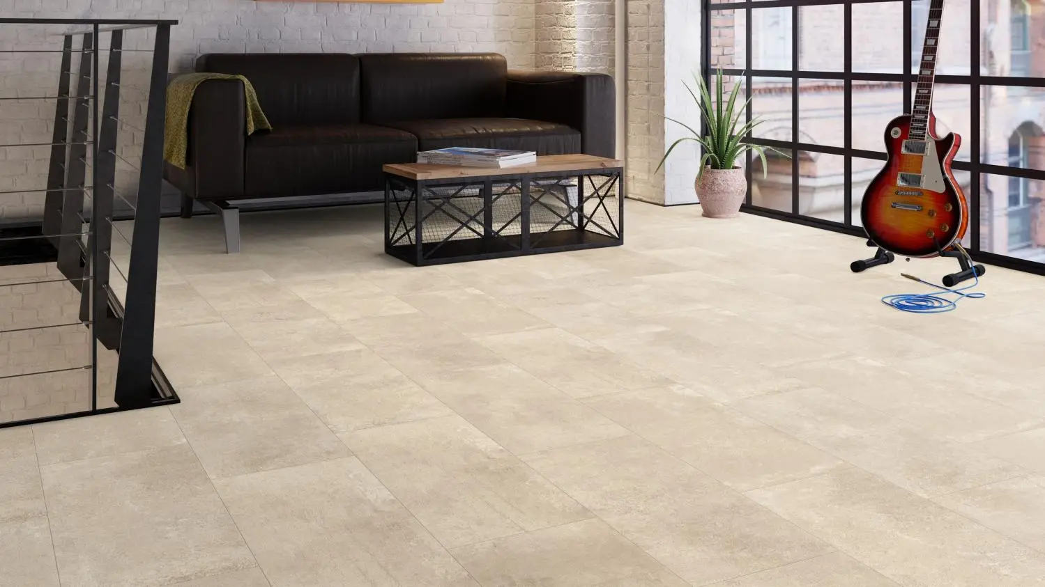 Zdjęcie aranżacyjne strefy mieszkalnej: panele laminowane Autentico cement beżowy o strukturze kamienia - Wiparquet