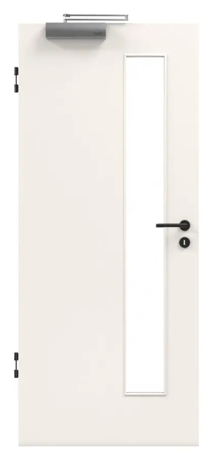 Zdjęcie drzwi przeciwpożarowych T-30 Typ48 biały lakier 9010 wycięcie na szybę od strony zamka Jeld-Wen