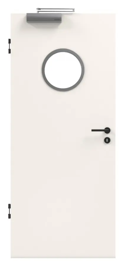 Zdjęcie drzwi przeciwpożarowych T-30 Typ48 biały lakier 9010 wycięcie na szybę bulaj 350 mm Jeld-Wen