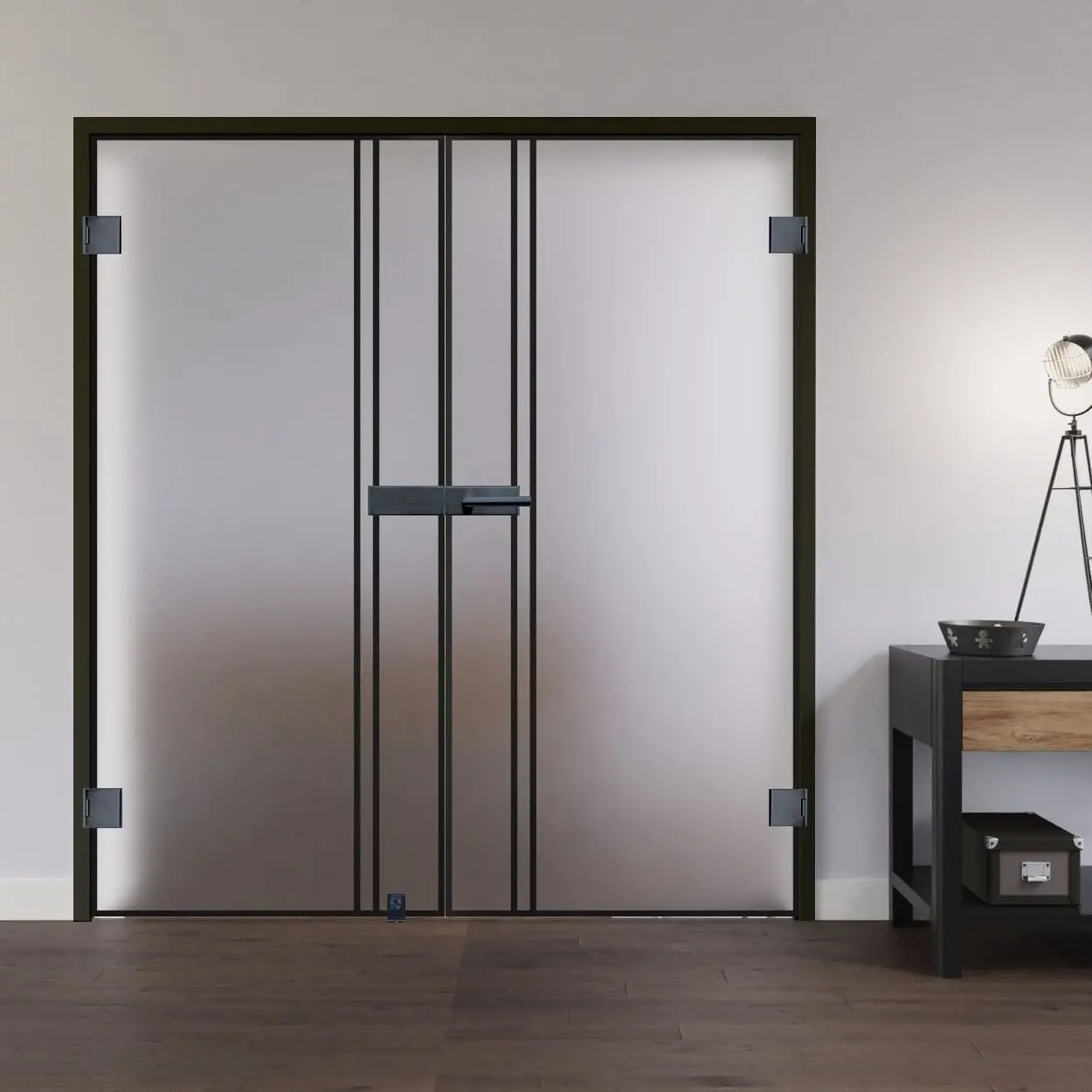 Widok na całoszklane drzwi dwuskrzydłowe Black Signature DFT 623 satynowane - Lienbacher szkło