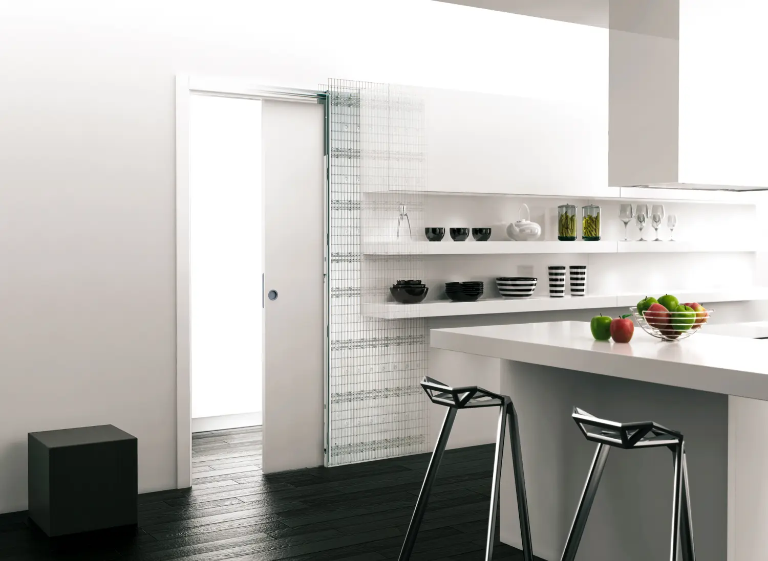 Widok systemu drzwi przesuwnych Ewoluto EF do 1-skrzydłowych drzwi drewnianych w konstrukcji masywnej - Eclisse