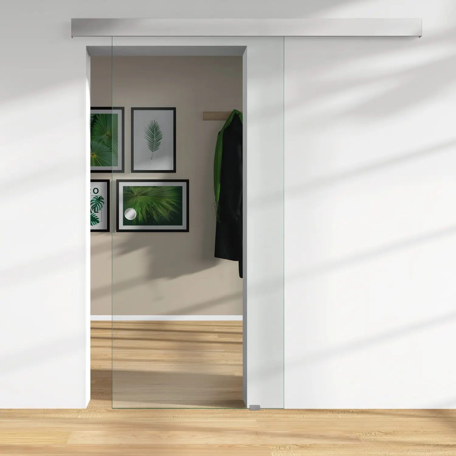 Widok na drzwi przesuwne całoszklane FLEXO Cristallo, szkło przezroczyste