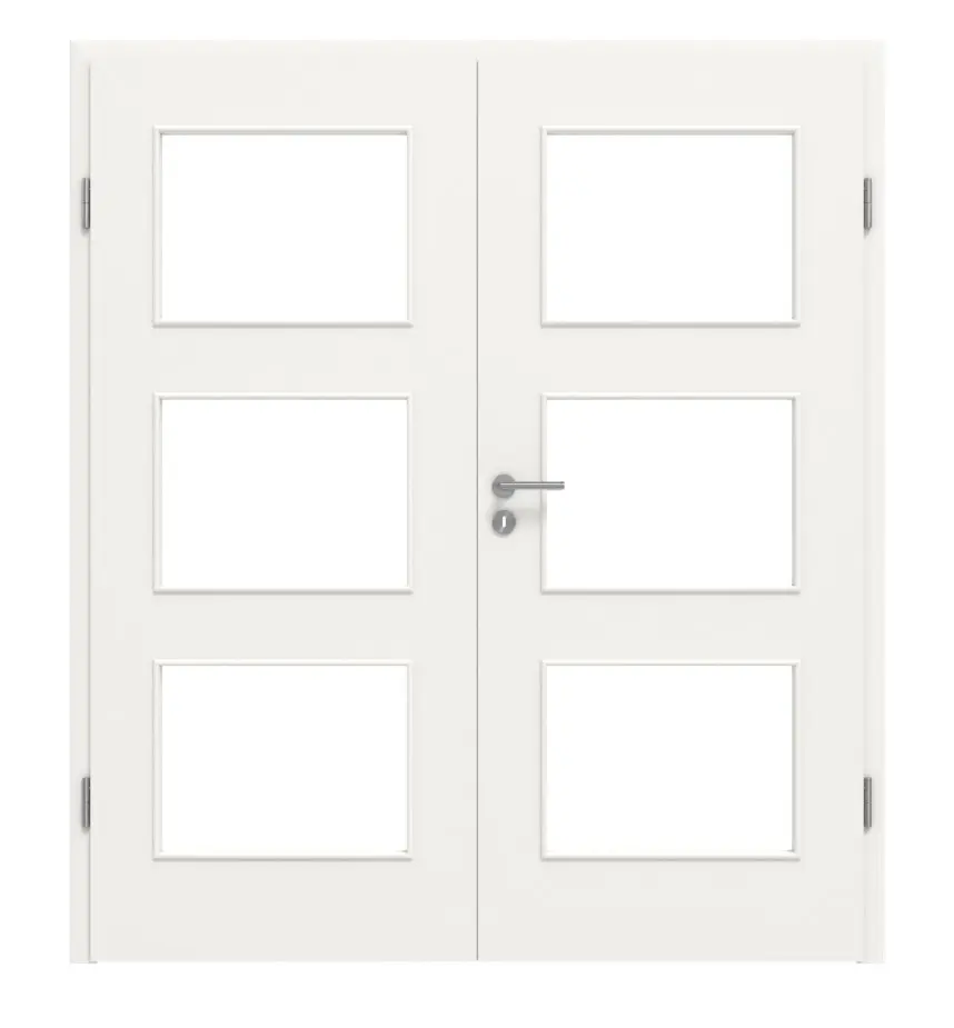 Widok z przodu: białe drzwi dwuskrzydłowe RAL 9016 LA 11 Basic Durat wraz z ościeżnicą - Huga