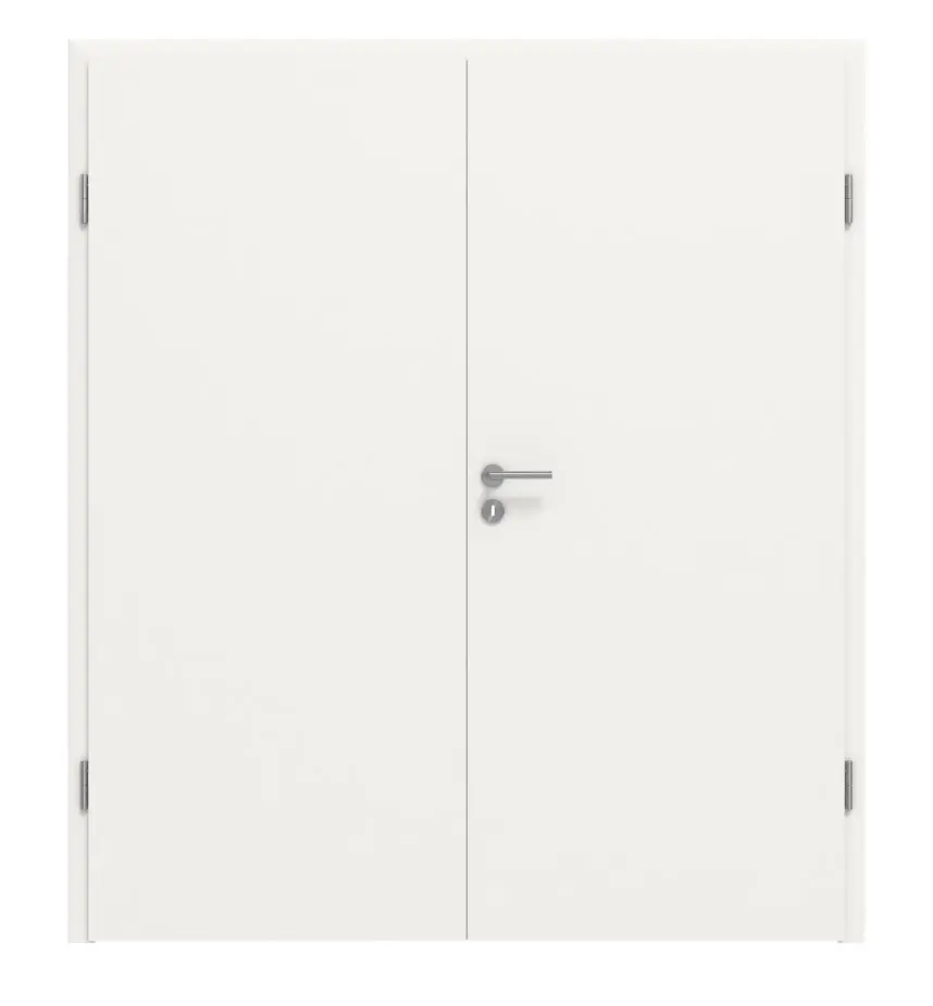 Zdjęcie frontowe białych drzwi dwuskrzydłowych RAL 9016 Basic Durat wraz z ościeżnicą - Huga