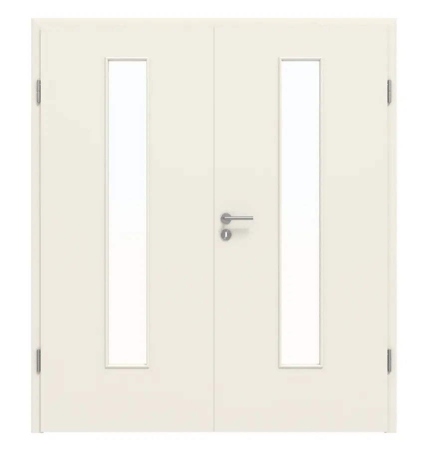 Widok od frontu białych drzwi dwuskrzydłowych lakierowanych RAL 9010 LA 24 BaseLine wraz z ościeżnicą - Hörmann