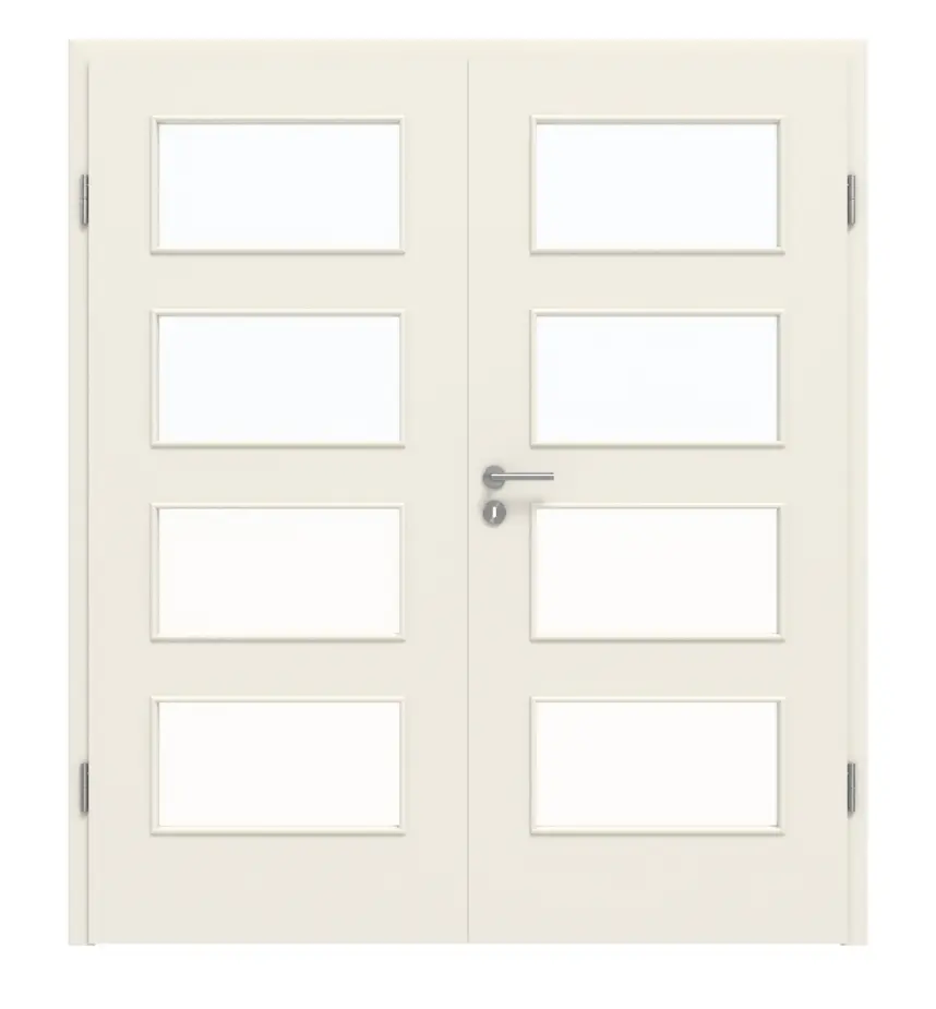 Widok z przodu: białe lakierowane drzwi dwuskrzydłowe LA 9 Basic podobne do RAL 9010 wraz z ościeżnicą - Huga