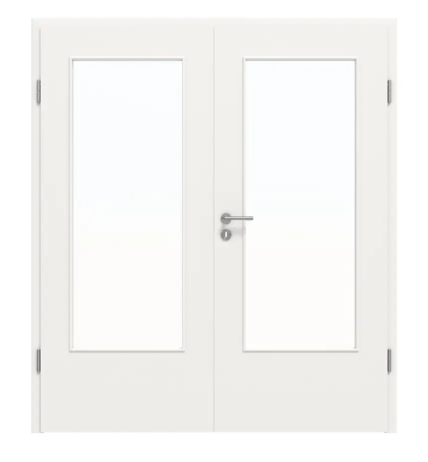 Widok frontowy: białe drzwi dwuskrzydłowe DIN-LA Basic lakierowane podobne do RAL 9016 w zestawie z ościeżnicą - Huga
