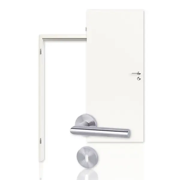 Zdjęcie zestawu drzwi wewnętrznych biały błyszczący 9016 biały beskidzki Optima z ościeżnicą i klamką